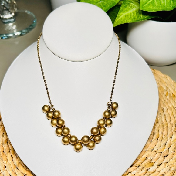 J. CREW Bar Bell Ball Antique Brass Gold Color Cluster Necklace. - Picture 2 of 8